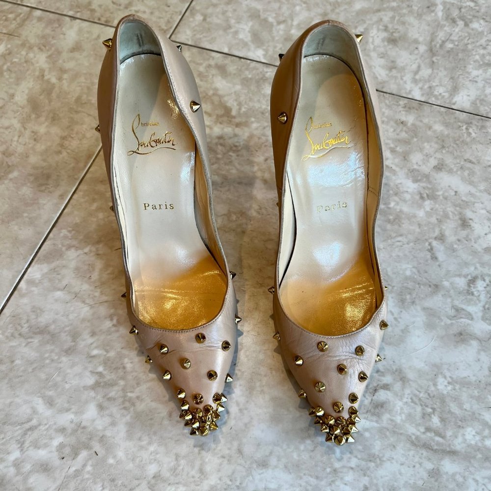 Christian Louboutin Degraspike 120 kid nude leather spiked pumps heels size 38.5